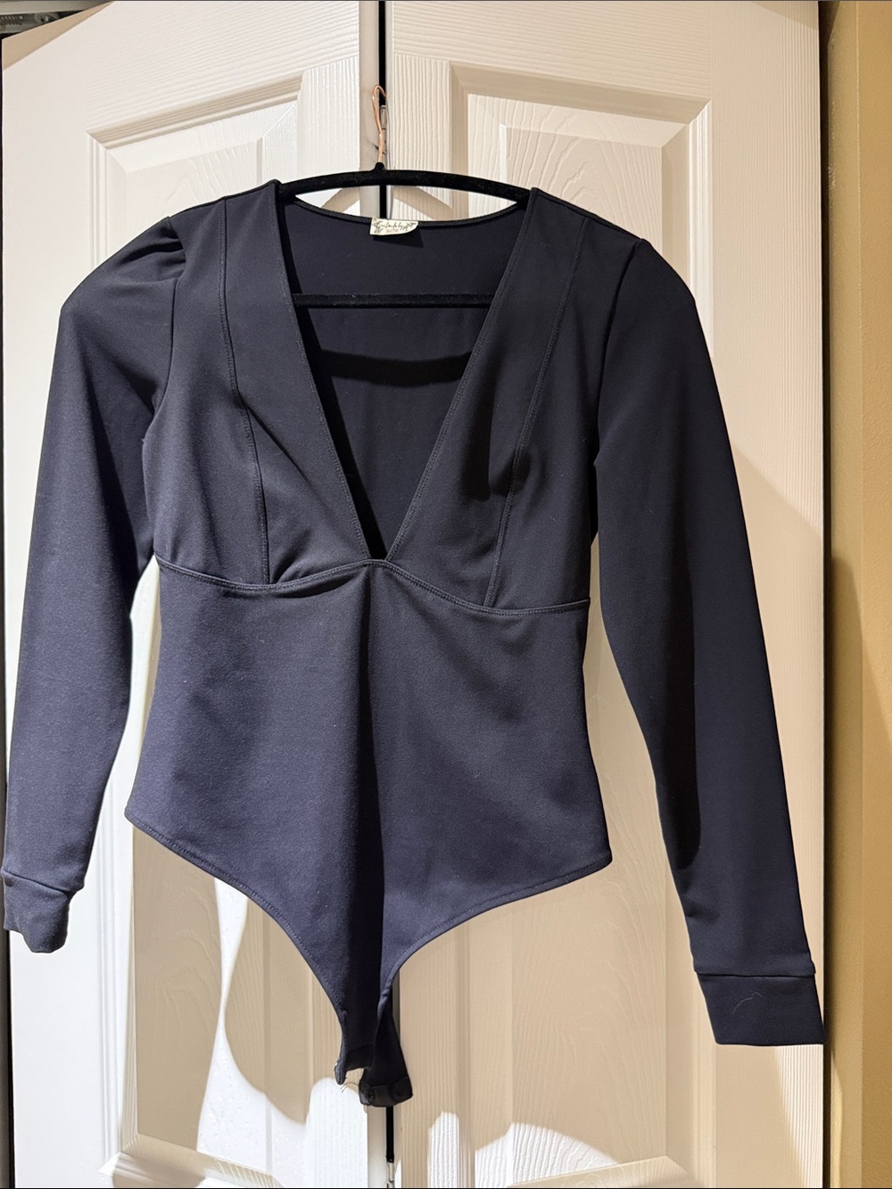 Free People stretchy Black Long-Sleeve Deep V Bodysuit